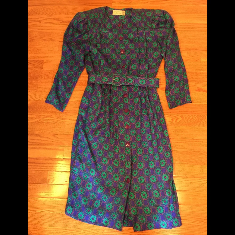 Vintage 80s Adrianna Papell 100% Silk Midi Dress – Purple & Teal Geometric Print